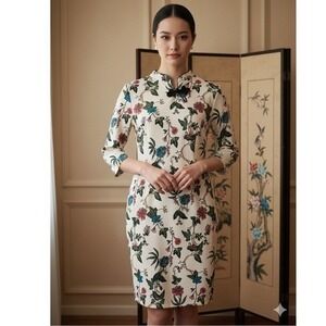 CKLASS Cream Floral Mandarin Collar Frog Button Sheath Dress 3/4 Sleeve